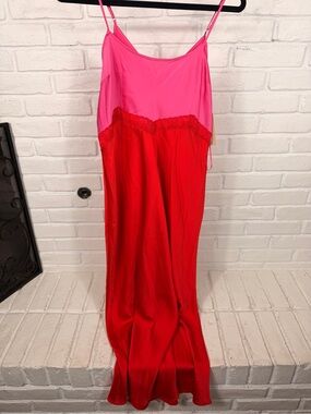 Gianni Bini Colorblock Satin Slip Dress Pink Red Lace Trim Maxi Dress 8 NWT